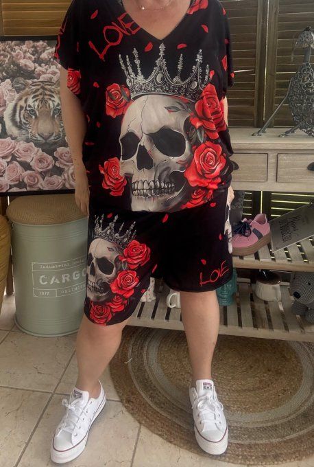 Ensemble short + top noir Skulls & Red Roses du 38 au 50/52