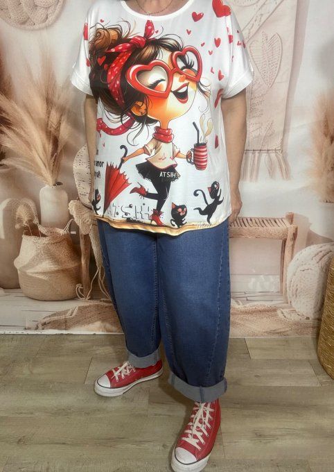 Tee-shirt ample blanc manches courtes La Fillette et ses chats du 40 au 50/52