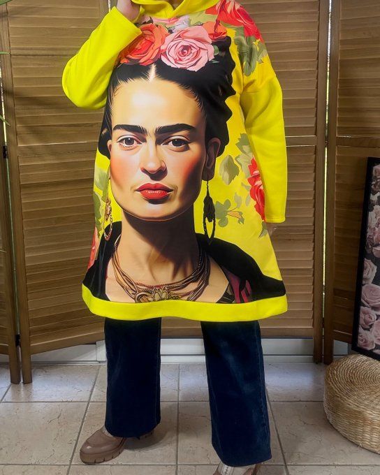 Sweat à capuche long ou robe sweat jaune Frida Kahlo du 40 au 52 