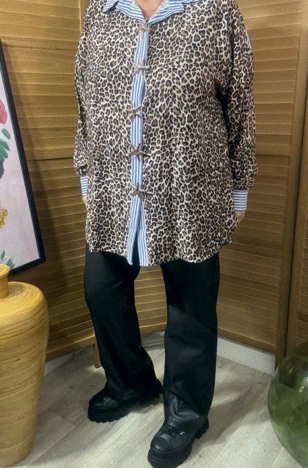 Chemise ample Léopard et rayée bleu 5 soleil broches dorées or du 40 au 50