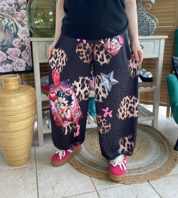 pantalon boule noir & léo Betty Boop Perles + Strass argentés  du 40 au 50/52 