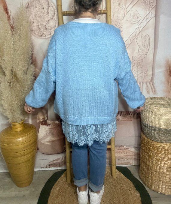 pull long ample bleu ciel col V et dentelle assortie douceur +++ du 40 au 52/54 