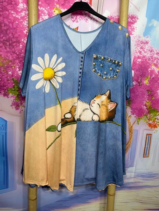 Tee-shirt trapèze oversize lycra effet jeans Le petit Chat endormi & la Marguerite du 40 au 54/56  