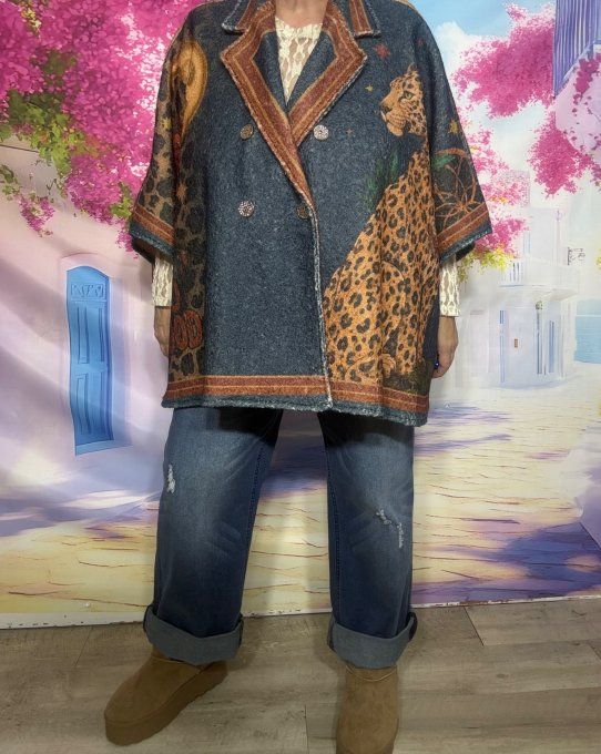 Manteau-cape oversize aspect laine bouillie marine Frida Kahlo Léopard du 42  au 56/58 et même +