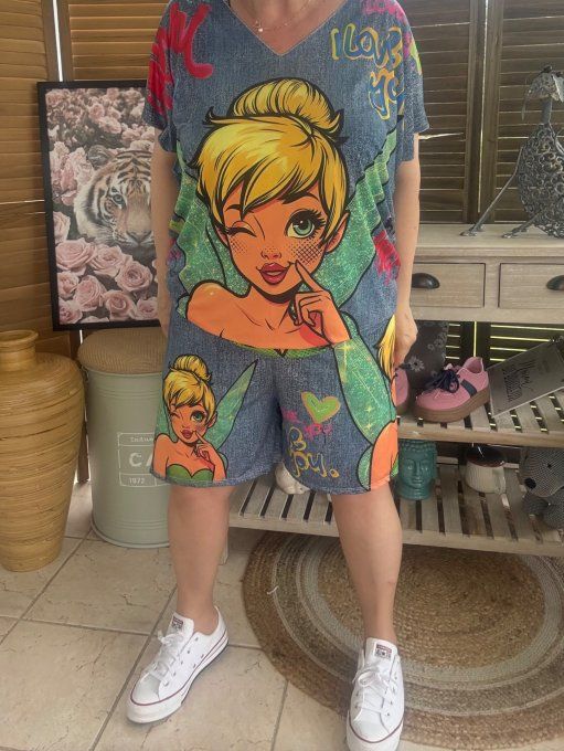 Ensemble short + top effet jeans délavé La Fée Clochette du 38 au 50/52