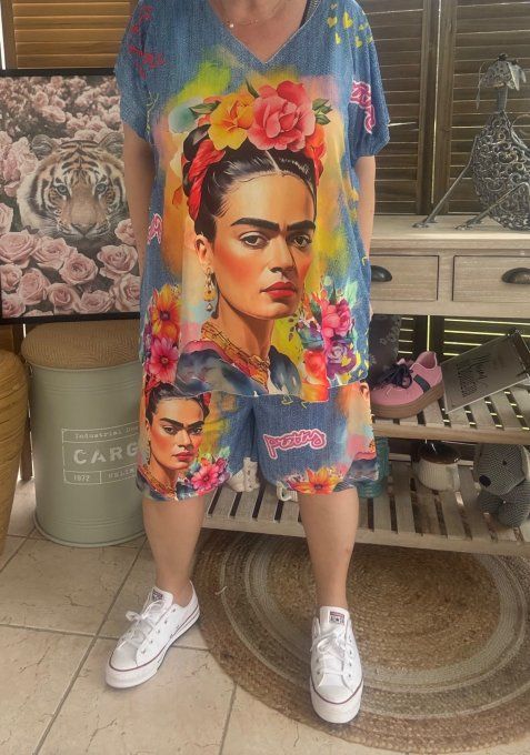 Ensemble short + top effet jeans délavé Viva Frida Kahlo du 38 au 50/52