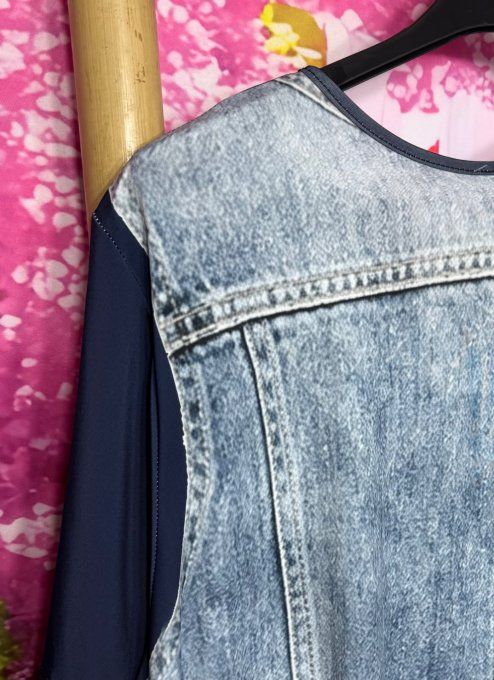 Tee-shirt trapèze oversize lycra effet trompe-l’œil veste jeans délavé top marinière du 40 au 54/56 