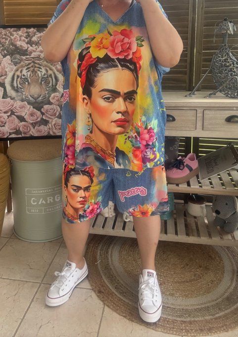 Ensemble short + top effet jeans délavé Viva Frida Kahlo du 38 au 50/52