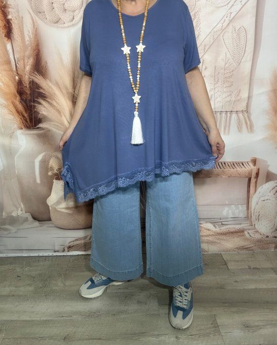 Top ample asymétrique bleu jeans manches courtes & dentelle en bas douceur +++ du 40 au 52/54