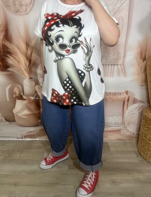 Tee-shirt ample blanc manches courtes Betty Boop Pinup rétro du 40 au 50/52 