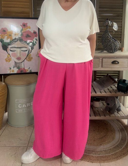 pantalon Palazzo fuschia clair viscose ceinture ajustable confort ++++ du 38 au 52 