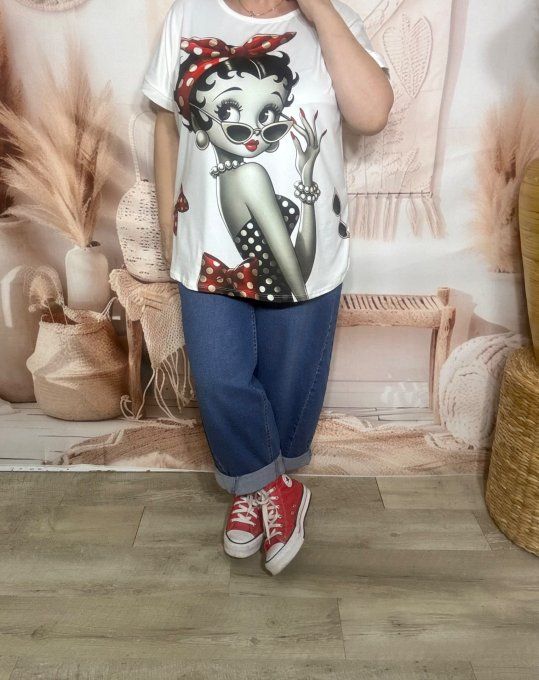 Tee-shirt ample blanc manches courtes Betty Boop Pinup rétro du 40 au 50/52 