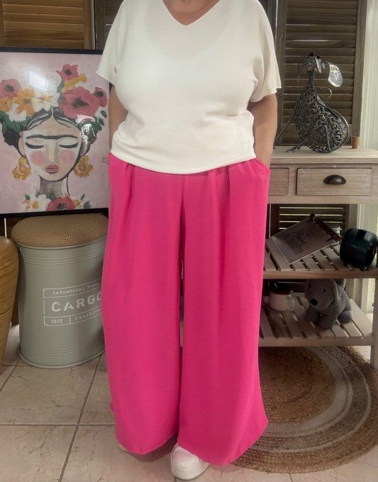 pantalon Palazzo fuschia clair viscose ceinture ajustable confort ++++ du 38 au 52 