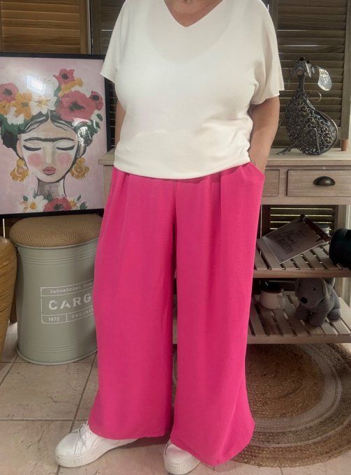 pantalon Palazzo fuschia clair viscose ceinture ajustable confort ++++ du 38 au 52 