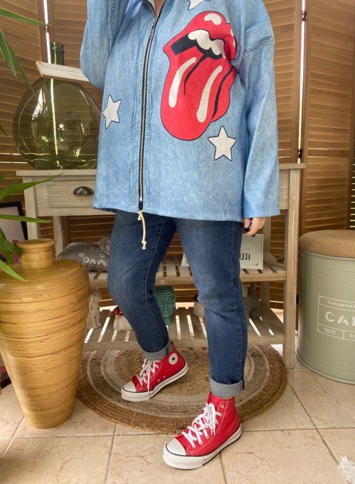 Coupe-vent à capuche déperlant  effet jeans délavé Rolling Stones Stars du 38 au 48/50 et même + 