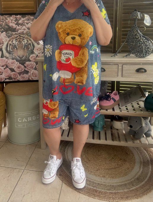 Ensemble short + top effet jeans délavé Teddy Bear Gourmand du 38 au 50/52