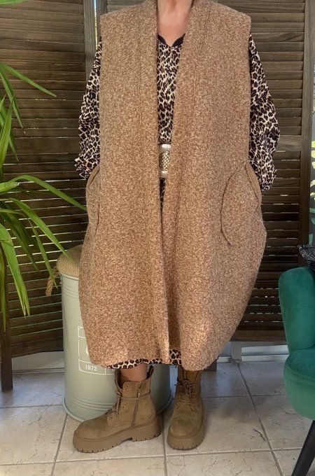 gilet long sans manches ample bouclette camel chiné du 40 au 52