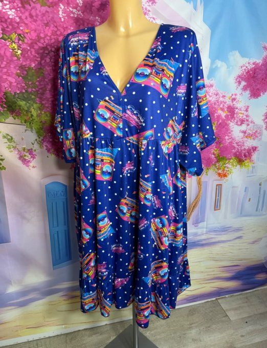 Robe trapèze courte bleue Nostalgie Music 1980's du 42 au 54/56