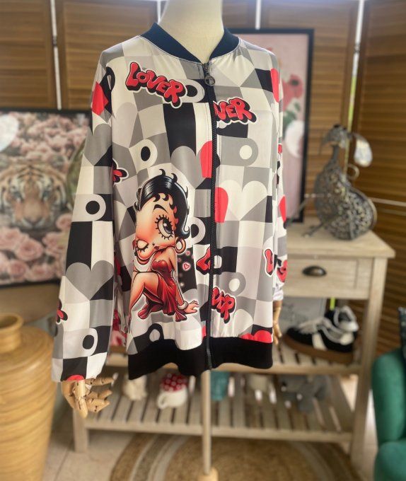 Blouson fin bombers ample carreaux coeurs Betty Boop in Love du 40 au 50 et même +  