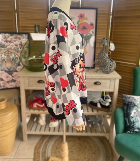 Blouson fin bombers ample carreaux coeurs Betty Boop in Love du 40 au 50 et même +  