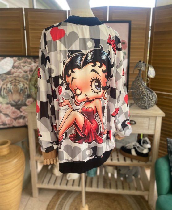 Blouson fin bombers ample carreaux coeurs Betty Boop in Love du 40 au 50 et même +  