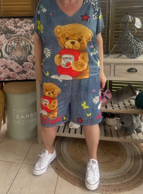 Ensemble short + top effet jeans délavé Teddy Bear Gourmand du 38 au 50/52