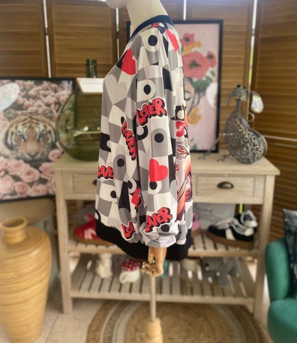 Blouson fin bombers ample carreaux coeurs Betty Boop in Love du 40 au 50 et même +  
