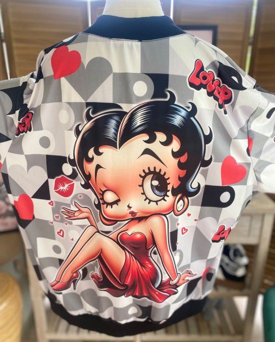 Blouson fin bombers ample carreaux coeurs Betty Boop in Love du 40 au 50 et même +  