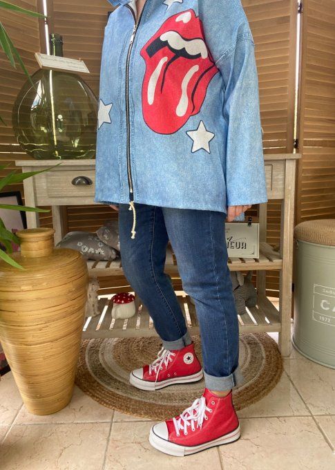 Coupe-vent à capuche déperlant  effet jeans délavé Rolling Stones Stars du 38 au 48/50 et même + 
