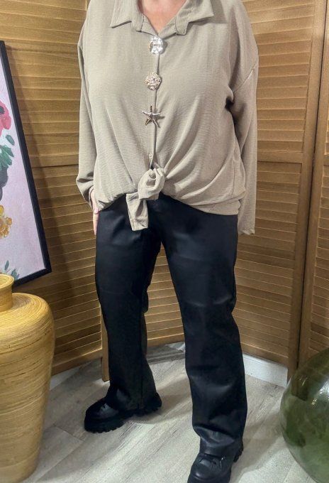 Chemise ample taupe asymétrique 3 broches dorées or du 40 au 50/52 