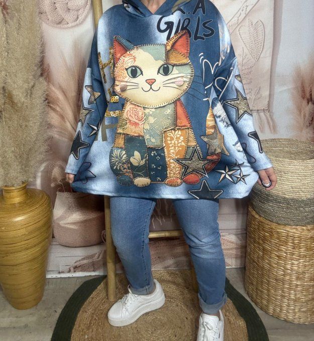 Sweat à capuche ample multicolore effet jeans Le Chat Patchwork du 40 au 52/54 