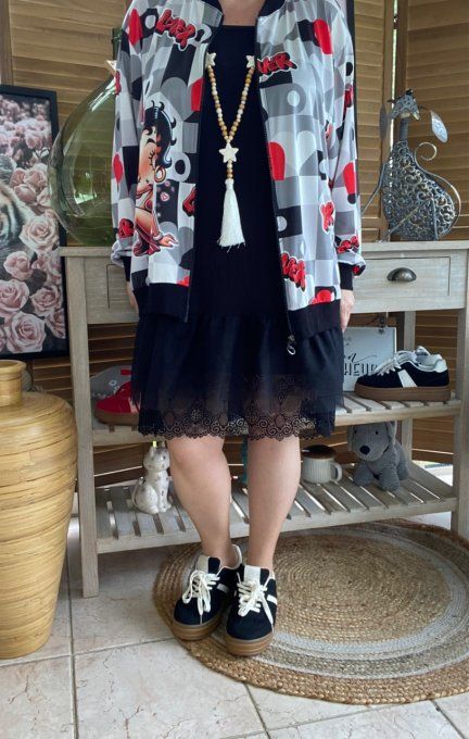 Blouson fin bombers ample carreaux coeurs Betty Boop in Love du 40 au 50 et même +  