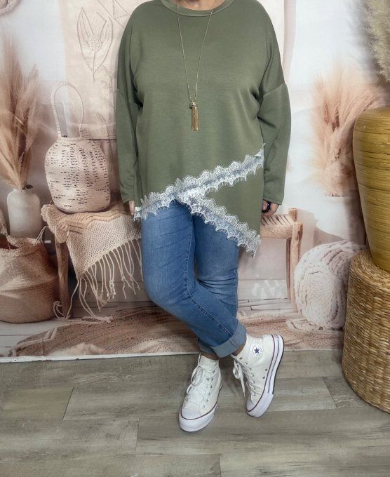 Sweat asymétrique long Kaki col rond et dentelle blanche du 38 au 50