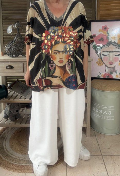 Top lurex zébré noir beige pailleté doré Frida Kahlo du 40 au 52/54