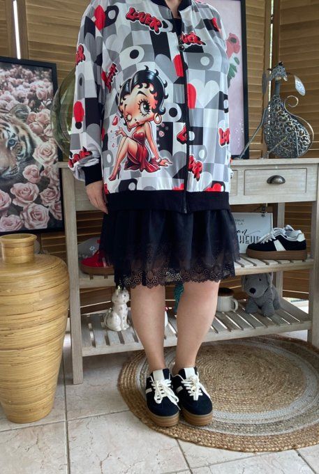 Blouson fin bombers ample carreaux coeurs Betty Boop in Love du 40 au 50 et même +  
