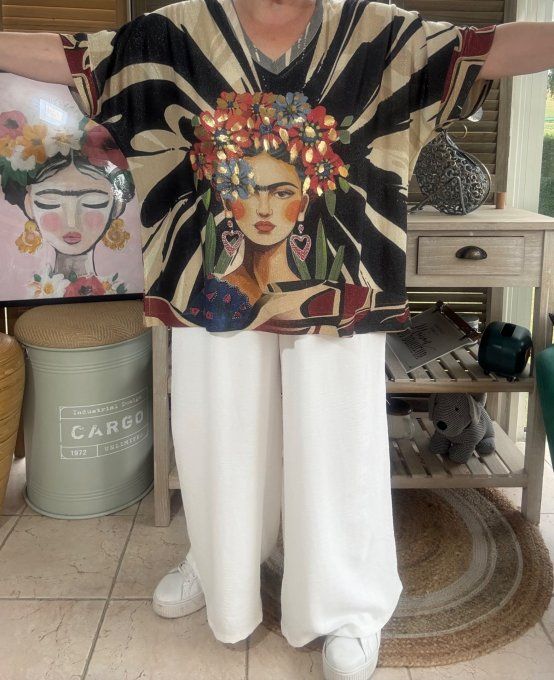 Top lurex zébré noir beige pailleté doré Frida Kahlo du 40 au 52/54