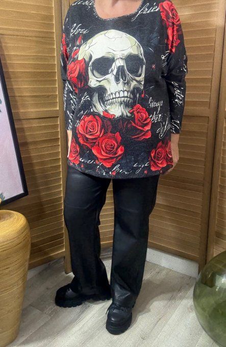 Pull fin ample noir Mexican Skulls & Red Roses douceur +++ du 40 au 52 