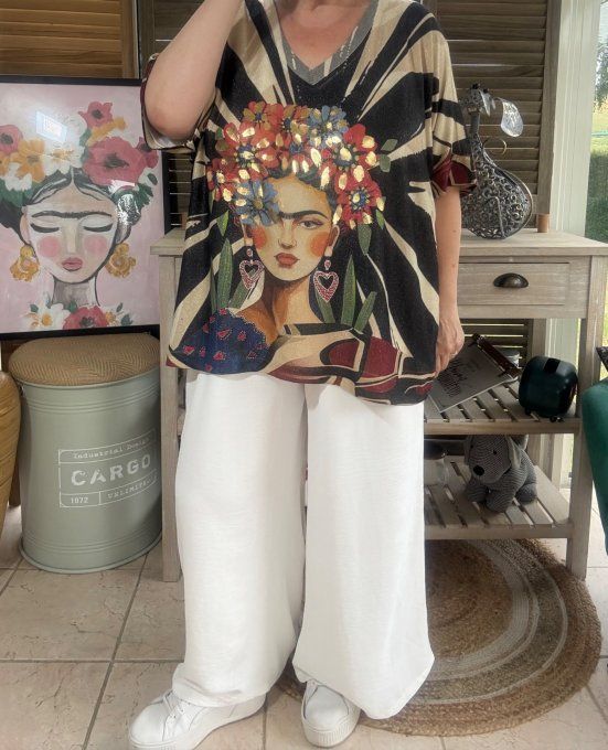 Top lurex zébré noir beige pailleté doré Frida Kahlo du 40 au 52/54