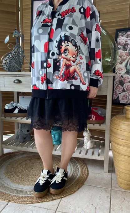Blouson fin bombers ample carreaux coeurs Betty Boop in Love du 40 au 50 et même +  