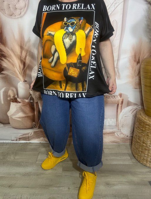 Tee-shirt ample noir manches courtes Born to Relax Fashion Dog du 40 au 50/52