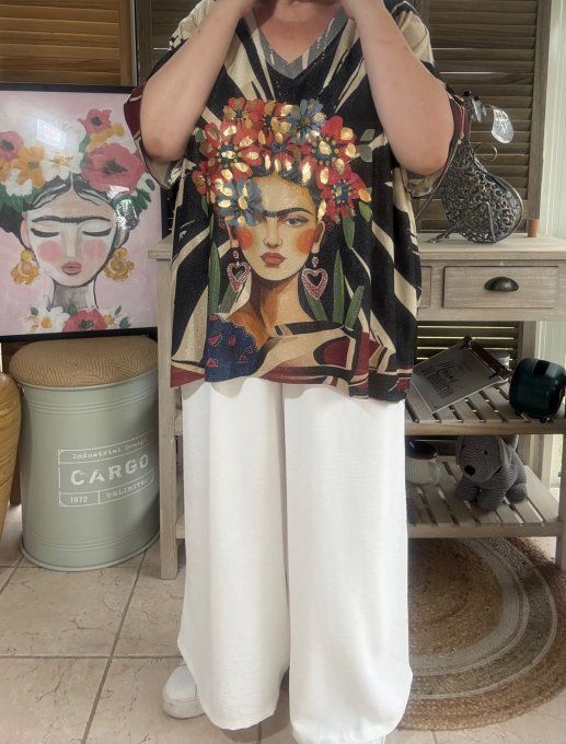 Top lurex zébré noir beige pailleté doré Frida Kahlo du 40 au 52/54