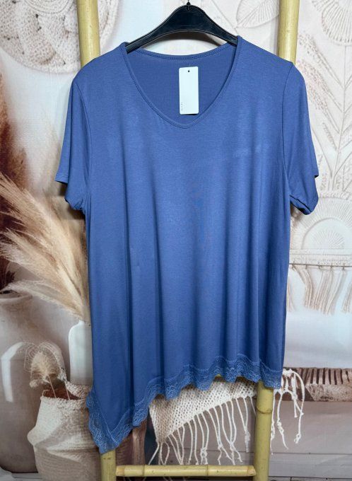 Top ample asymétrique bleu jeans manches courtes & dentelle en bas douceur +++ du 40 au 52/54