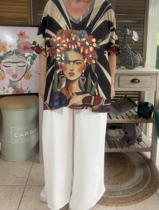 Top lurex zébré noir beige pailleté doré Frida Kahlo du 40 au 52/54