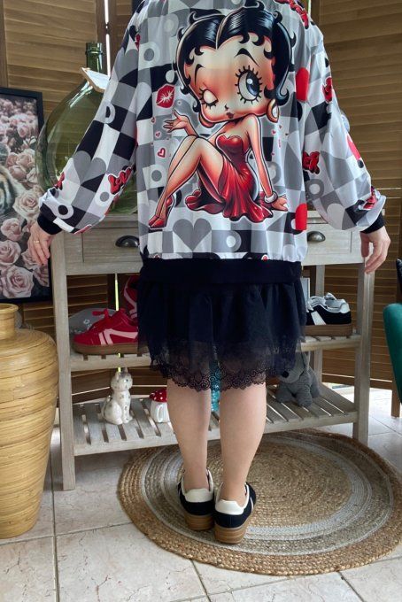 Blouson fin bombers ample carreaux coeurs Betty Boop in Love du 40 au 50 et même +  