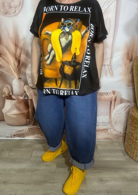 Tee-shirt ample noir manches courtes Born to Relax Fashion Dog du 40 au 50/52