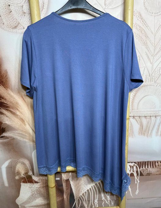 Top ample asymétrique bleu jeans manches courtes & dentelle en bas douceur +++ du 40 au 52/54