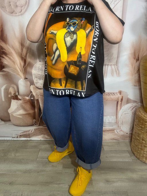 Tee-shirt ample noir manches courtes Born to Relax Fashion Dog du 40 au 50/52