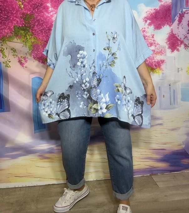 Chemise oversize aspect Lin bleu pastel Fleurs et Papillons gris bleus Kaki du 42 au 54
