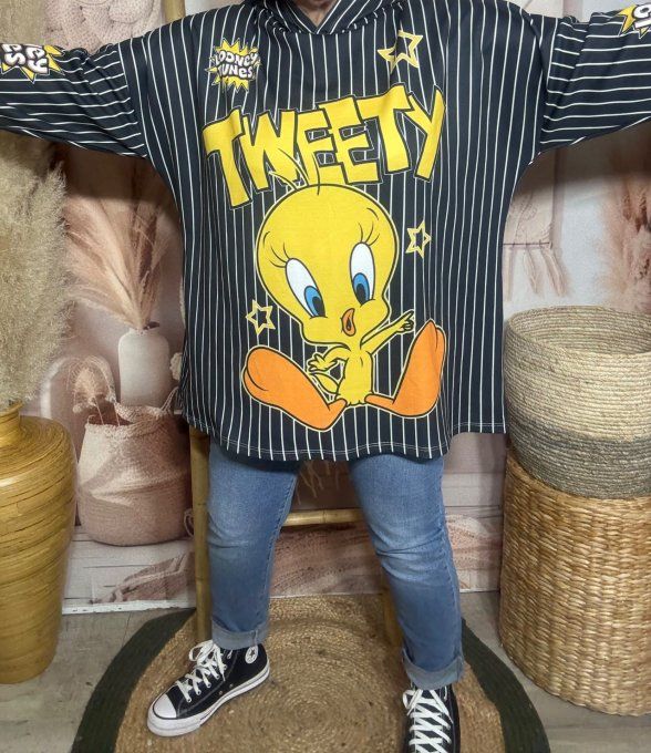 Sweat à capuche ample noir rayé Titi Looney Tunes du 40 au 52/54 