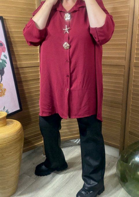 Chemise ample Bordeaux asymétrique 3 broches dorées or du 40 au 50/52  